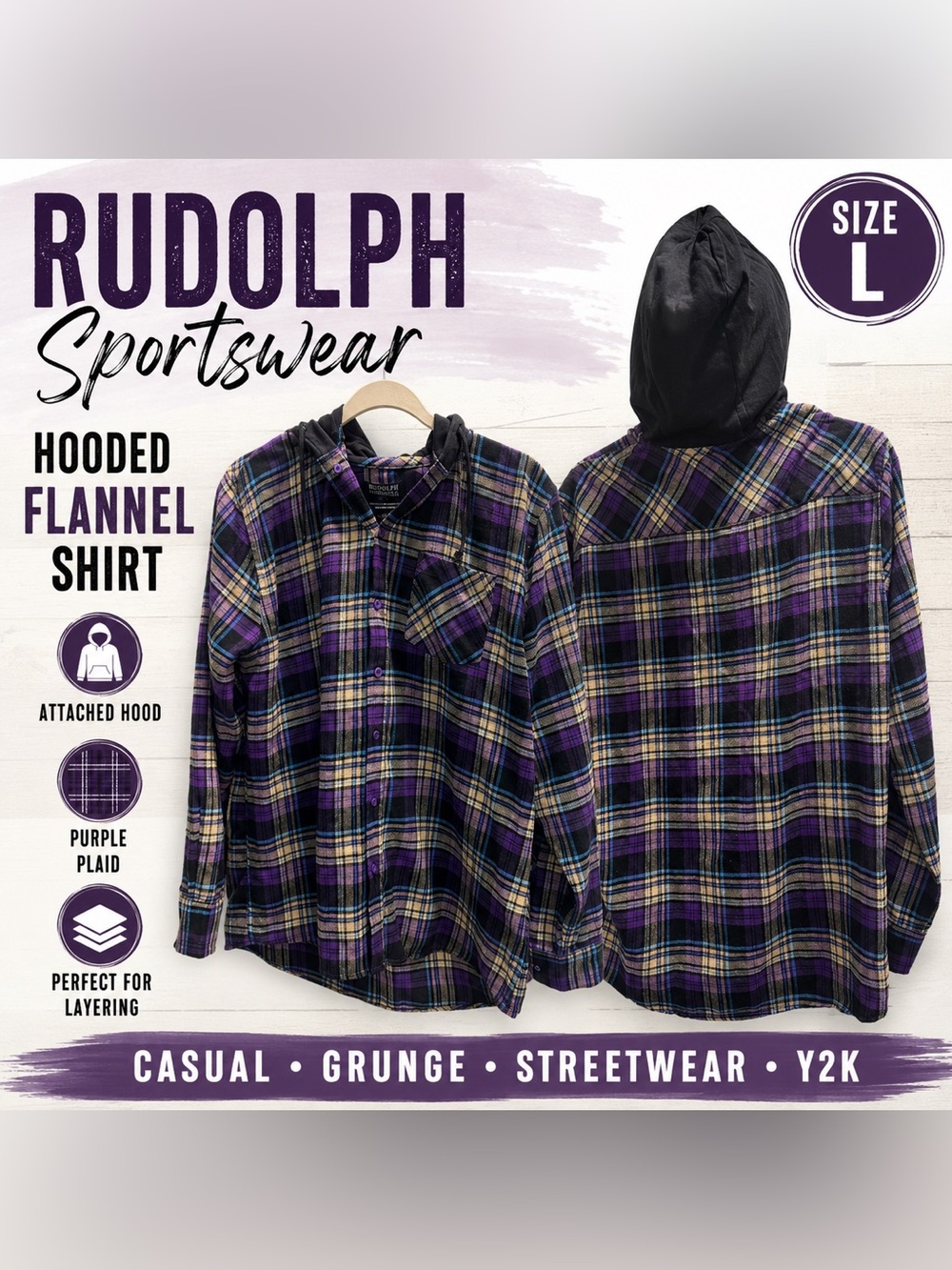 Rudolph Sportswear Flannel Shirt Men’s Large Purple Plaid Button Up Hoodie Y2K